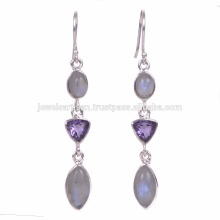 Regenbogen Moonstone und Amethyst Edelstein 925 Solid Silber Ohrring